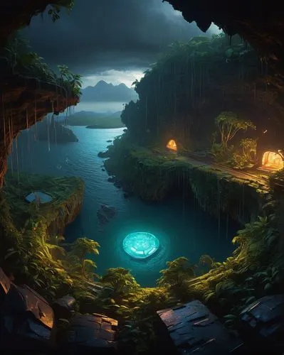 cave on the water,fantasy landscape,fantasy picture,underwater oasis,alfheim,wishing well,lagoon,world digital painting,cartoon video game background,acid lake,underwater landscape,fantasy art,cave,cavern,subkingdom,blue cave,3d fantasy,mushroom landscape,fractal environment,the blue caves,Illustration,Realistic Fantasy,Realistic Fantasy 18