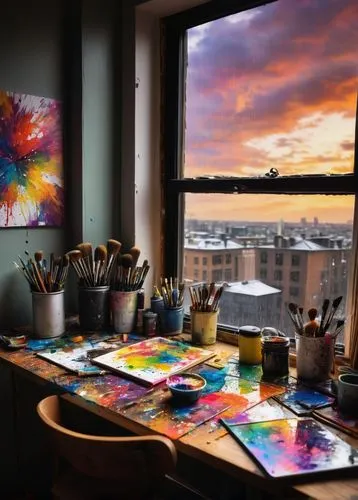 Artbreeder, creative space, artistic studio, messy desk, paint-splattered walls, inspirational quotes, half-finished canvases, colorful brushes, artistic utensils, dim warm lighting, wooden floorboard