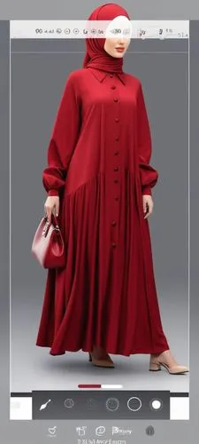 3d fashion drawing of long maxi  pelisee abaya for Muslim hijab for girl with Muslim hijab for very chic women big women with red pilsee dress with bottoms  with elasticated with bottoms ,an animation