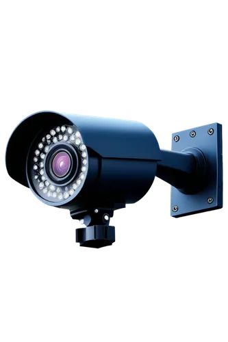 Security camera, metal body, LED lights, rotating lens, wall-mounted, urban skyscraper, night scene, dark blue tone, cinematic lighting, shallow depth of field, 3/4 composition, solo, realistic, detai