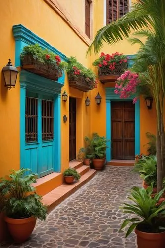 tlaquepaque,patios,zona colonial,riad,french quarters,cartagena,courtyards,curacao,nicaraguan cordoba,san juan,shutters,colorful facade,patio,coyoacan,puertas,pondicherry,hacienda,vibrant color,chucun,santa fe,Illustration,Realistic Fantasy,Realistic Fantasy 31