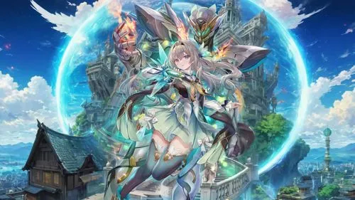 anime girl in front of a futuristic city,trishula,siero,yggdrasil,varuna,inotera,titania,macula,kirin,estara,alfheim,kokia,aion,cocytus,gaia,qinglong,azura,armatus,amano,celestia,legendarium