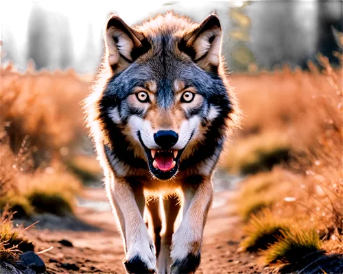 Wild wolf, free, running, nature, grey fur, sharp claws, fierce eyes, open mouth, tongue out, morning sunlight, soft focus, shallow depth of field, warm color tone, cinematic lighting, 3/4 composition