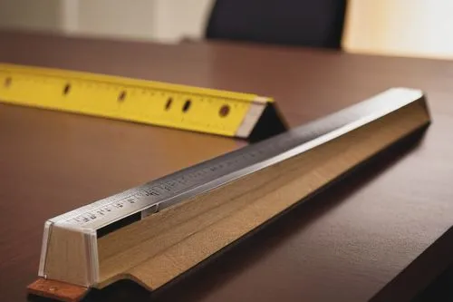 Ruler, architectural instrument, metal material, straight edge, precise measurement markings, ergonomic handle, wooden desk, modern office, fluorescent lighting, 3/4 composition, shallow depth of fiel