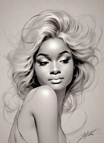 one line art, flowing lines, rolf armstrong, flowing hair,a digital drawing of a woman's face with long hair,ororo,azealia,digital painting,vanderhorst,monique,sculpt,edwige,graphite,marilyn,digital d