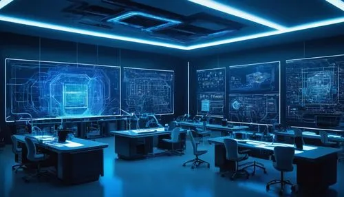 Futuristic laboratory interior, transformer architecture blueprint, whiteboard with complex mathematical equations, robotic arms assembling microchips, neon lights reflecting off metallic surfaces, in