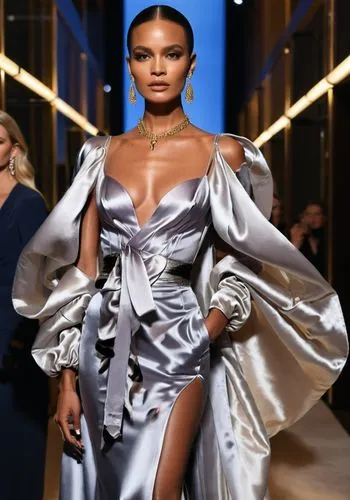 Fashion show ,a woman wearing a silver outfit and a silver dress,mugler,siriano,moschini,balmain,galliano,runway,Photography,General,Natural