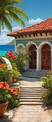 mustique,holiday villa,palmilla,tropical house,curacao,beachfront,bequia,frederiksted,beach house,anguilla,guadeloupe,front porch,guadelupe,jamaica,paradisus,barbados,guadeloupean,caribbean,beautiful home,hacienda,Illustration,Realistic Fantasy,Realistic Fantasy 06