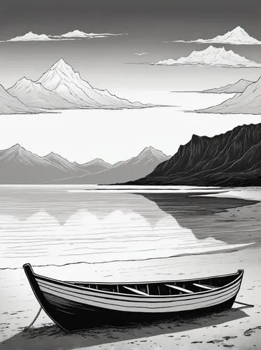 old small wooden boat on beach. and mountains on backgound, sunset time , outlines only, black and white, no color,boat landscape,chilkat,lago grey,llanquihue lake,lyngen,lake taupo,row boat,kachemak,