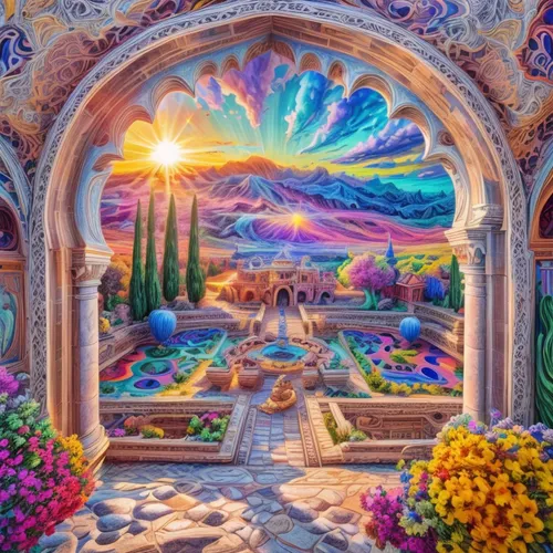 rainbow bridge,garden of eden,heaven gate,fantasy picture,fairy world,fantasy landscape,garden door,flower garden,kaleidoscope art,dream world,oasis,kaleidoscopic,psychedelic art,secret garden of venus,fantasy world,harmony of color,kaleidoscope,3d fantasy,window to the world,tapestry