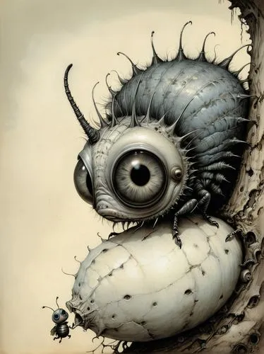 "An adorable creepy cute illustration of a large eyed fuzzy caterpillar crawling out of a tattered doll's eye socket/Jean Baptiste Monge/Gris Grimly/Tony Diterlizzi/Bill Carman/8k resolution/ultra hyp