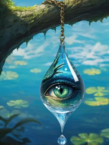 clear crystal drop water hanging from the eye of a dragon. dragon is closer to camera as if he is looking for the people filming him, the drop of water reflects the surrounding medieval ambient. it is