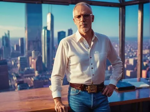 Peter Frampton, mature man, 50yo, short brown hair, glasses, beard, white shirt, dark blue jeans, black leather belt, standing, leaning on a desk, architectural studio, modern interior, wooden floors,