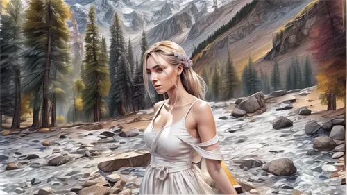 the blonde in the river,world digital painting,girl on the river,fantasy picture,photo painting,landscape background,fantasy art,the spirit of the mountains,fantasy portrait,mountain scene,oil painting on canvas,oil painting,art painting,yosemite,salt meadow landscape,mountain spirit,sci fiction illustration,watercolor background,ballerina in the woods,digital painting