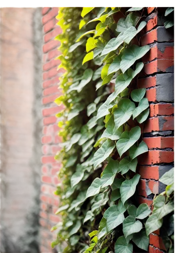 Old brick wall, rusty red color, cracked surface, worn-out edges, mortar joints, ivy climbing up, morning dew, soft sunlight casting shadows, 3/4 composition, shallow depth of field, warm color tone, 