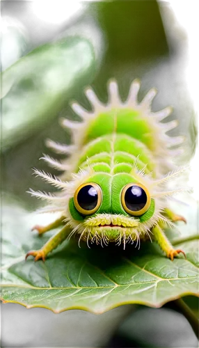 Realistic caterpillar, green body, many legs, fuzzy hair, big eyes, small mouth, crawling on leaf, natural light, shallow depth of field, warm color tone, 3/4 composition, soft focus, gentle pose, vib