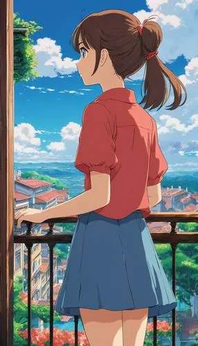 akko,studio ghibli,torii,sakura background,honolulu,summer background,kyoto,on the roof,hiyayakko,rooftop,himuto,japanese sakura background,summer day,school skirt,scenery,mikuru asahina,miku maekawa,looking down,matsuno,meteora,Illustration,Japanese style,Japanese Style 03