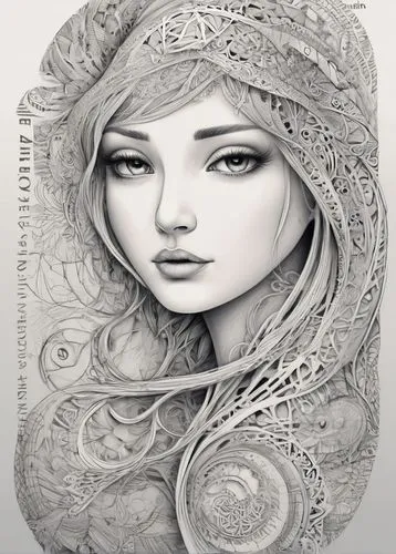 white rose snow queen,the snow queen,behenna,sedna,boho art style,grisaille,melusine,amphitrite,margaery,mervat,amalthea,filigree,viveros,fantasy portrait,miss circassian,winter rose,peignoir,galadriel,pencil drawings,silvered,Illustration,Black and White,Black and White 11