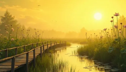 Vibrant yellow tone, wetland scenery, serene atmosphere, sunny day, marshy grasslands, winding waterways, lotus flowers blooming, tall reeds swaying gently, wooden boardwalk, rustic railings, warm sof