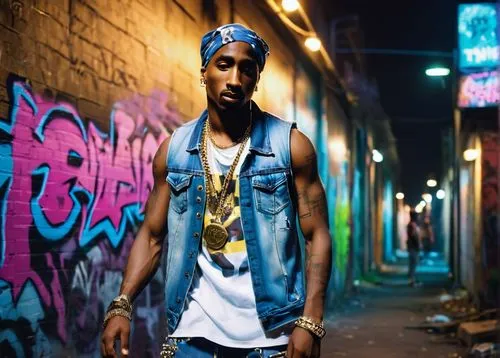 Tupac Shakur, Fortnite character, rapper, African American, dreadlocks, gold chain, sleeveless shirt, ripped jeans, sneakers, confident posture, one hand on hip, microphone in other hand, city street,