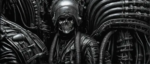 endoskeleton,biomechanical,alien,cybernetics,coil,aliens,carcass,dark art,alien warrior,sci fi,sci fiction illustration,axons,panhead,alien ship,drain,extraterrestrial life,tubes,metal,dead earth,scifi,Conceptual Art,Sci-Fi,Sci-Fi 02