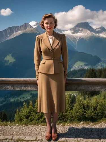 A lady from the 1940s in front of an Alpine backdrop.,the woman is wearing a tan skirt suit,ingrid bergman,watzmannfrau,mitford,fraulein,1940 women,tatra,Photography,General,Realistic