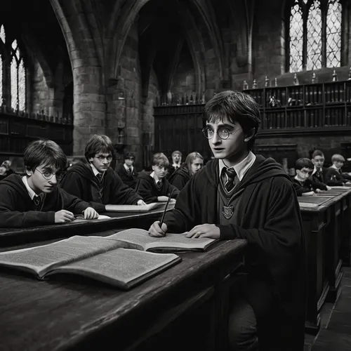 Scenes of life of students at Hogwarts School of Witchcraft and Wizardry under black and white surveillance cameras: Harry Potter beats Dobby the elf,hogwarts,private school,harry potter,potter,detent