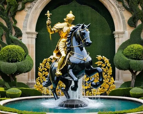  golden knight riding on the black dragon back,the statue of a man riding a horse in front of a fountain,the horse at the fountain,mozart fountain,fountain of neptune,maximilian fountain,neptune fount