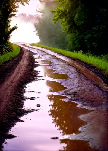 Winding mud road, rural landscape, muddy texture, uneven surface, puddles reflecting sky, tall trees lining road, overhanging branches, warm sunlight filtering through leaves, soft focus, cinematic co