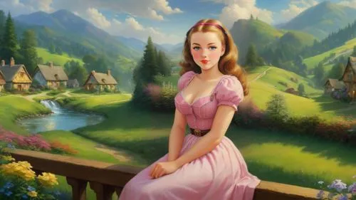 fantasy picture,fairy tale character,dorthy,rapunzel,princess anna,girl in the garden,fantasy portrait,girl in a long dress,principessa,belle,princess sofia,landscape background,fantasy art,leighton,malon,eilonwy,pevensie,world digital painting,dirndl,fairyland