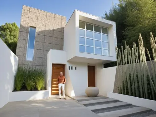 a man is standing in front of a building with cactuses,cubic house,dunes house,modern house,modern architecture,cube house,corbu,Photography,General,Realistic