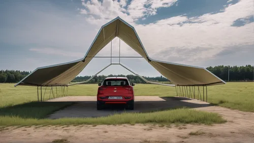 make a car shelter on an open ground 
,teardrop camper,powered hang glider,camper van isolated,roof tent,large tent,fishing tent,circus tent,beach tent,motor glider,camping bus,camping tipi,beer tent 