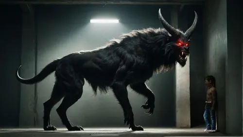 Colossal hairy black vicious muscular monster with long horns and glowing bright red eyes with sharp long teeth with long claws and long tail in walking on two legs side view empty dark abandon room ,