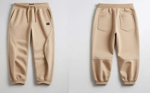 裤子，正面和背面，颜色为米色，卫衣面料,白色背景,a pair of beige pants are on display,gauchos,nonnative,trousers,khakis,khaki,cargos,Photography,General,Natural