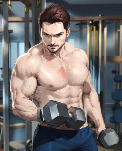 Adan Canto lifting dumbels in gym, shiny sweaty body shirtless shiny body,a man with a beard holding two dumbbells,kazuya,musclemen,edge muscle,muscle man,harada,iskandar,Anime,Anime,General