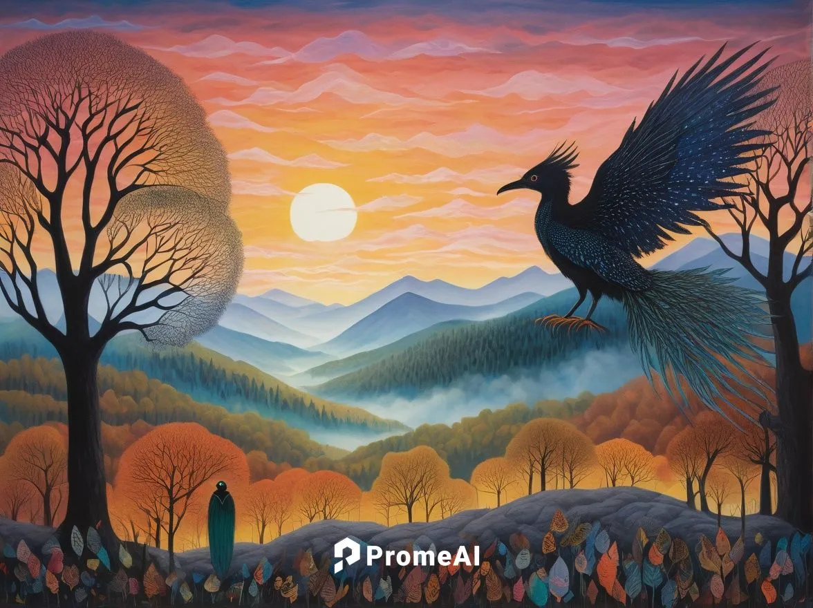 Fantasy creatures, mythical beings, majestic posture, glowing eyes, intricate scales, fluffy fur, vibrant feathers, delicate wings, ancient trees, misty mountains, sunrise sky, warm lighting, cinemati