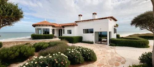 Nestled along the coastline of Florida, a breathtakingly beautiful White Stucco House Style with brown mix terracotta roof commands a panoramic view of the ocean, and large waves, perched majestically