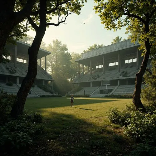 Mysterious ancient forest, twisted tree branches, overgrown ruins, Gothic arches, stone columns, grand stadium architecture, lush green grass, sports equipment, medieval-inspired scoreboard, mystical 