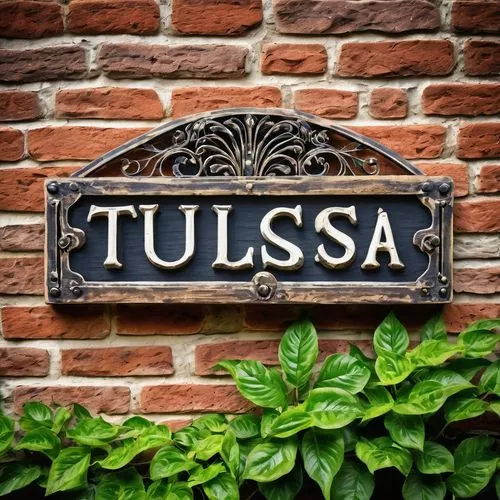 Rustic architectural sign, wooden texture, distressed finish, bold font, "Tulsa" written in capital letters, decorative iron brackets, mounted on a stone or brick wall, surrounded by lush greenery, vi