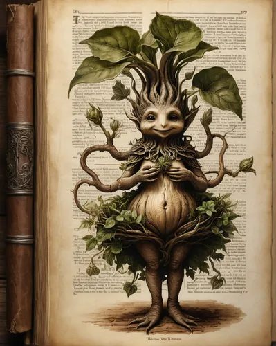 Close-up: A mandrake mandragora plant is a magical plant with a human female body shape, legs, hips, waist feminine, sepia sketch, wood texture, ink, old book. Background: Severus Snape character is w