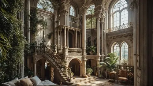 an elegant living room with a large stone staircase leading up to a second story area,ornate room,chhatris,conservatory,staircase,chateauesque,victorian room,Photography,General,Fantasy