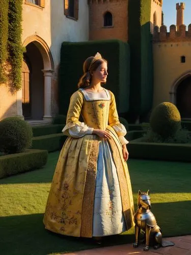 Pittura nello stile di Vermeer: La fiera principessa Barbara Gonzaga di Mantova si trova in un pittoresco giardino. Dietro di lei si trova un modello in miniatura di un fiero castello cavalleresco, de