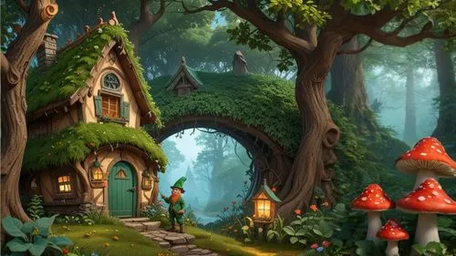 fairy village,mushroom landscape,scandia gnomes,fairy house,fairy forest,cartoon video game background