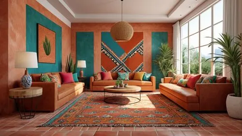 interior decor,moroccan pattern,interior decoration,modern decor,sitting room,contemporary decor,teal and orange,boho art style,interior design,3d rendering,patterned wood decoration,decors,mahdavi,livingroom,living room,bohemian art,geometric style,boho art,decor,mid century modern,Photography,General,Realistic