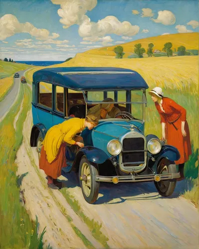 morris eight,citroën ami,automobile,automobiles,austin 7,citroën,citroën traction avant,grant wood,mercedes 170s,citroën acadiane,gaz-m20 pobeda,mercedes-benz 200,ford model aa,woman in the car,citroen,mercedes-benz 219,2cv,1926,1929,ford pilot,Art,Classical Oil Painting,Classical Oil Painting 20