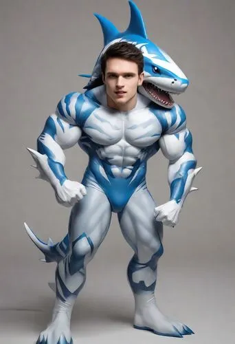 A mistake at the beach.

The guy became blue and white shark, a vinyl muscle toy. The character has an athletic body with  blue fins and a tail. The body of character is made of a vinyl that is both b