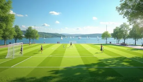 Lakefront sports fields, sunny afternoon, clear blue sky, lush green grass, white soccer goals, netting, athletic tracks, sprinters in motion, joggers on the sidelines, few spectators cheering, lake w