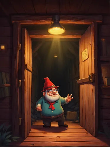 Create a suspenseful moment where Grunkle Stan discovers a secret passage underneath the Mystery Shack.,christmas gnome,scandia gnome,gnome,valentine gnome,gnomes,scandia gnomes,gnome ice skating,gnom