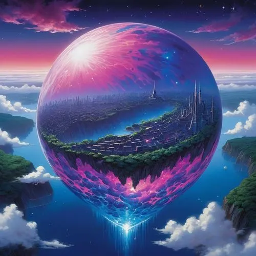 prism ball,cosmosphere,planetaria,fantasy world,crystal ball,futuristic landscape,orb,fairy world,3d fantasy,fantasy landscape,dream world,glass sphere,globecast,dreamscape,organica,planet eart,fantasia,kaleidoscape,ozma,planet,Illustration,Japanese style,Japanese Style 14