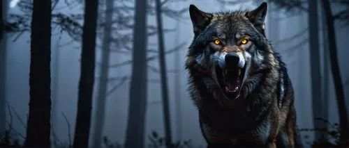 Fierce wolf, solo, bloody mouth, sharp teeth, glowing yellow eyes, dark grey fur, scar above eyebrow, muscular body, standing, moonlit night, misty forest, tall trees, fog surrounding, eerie atmospher